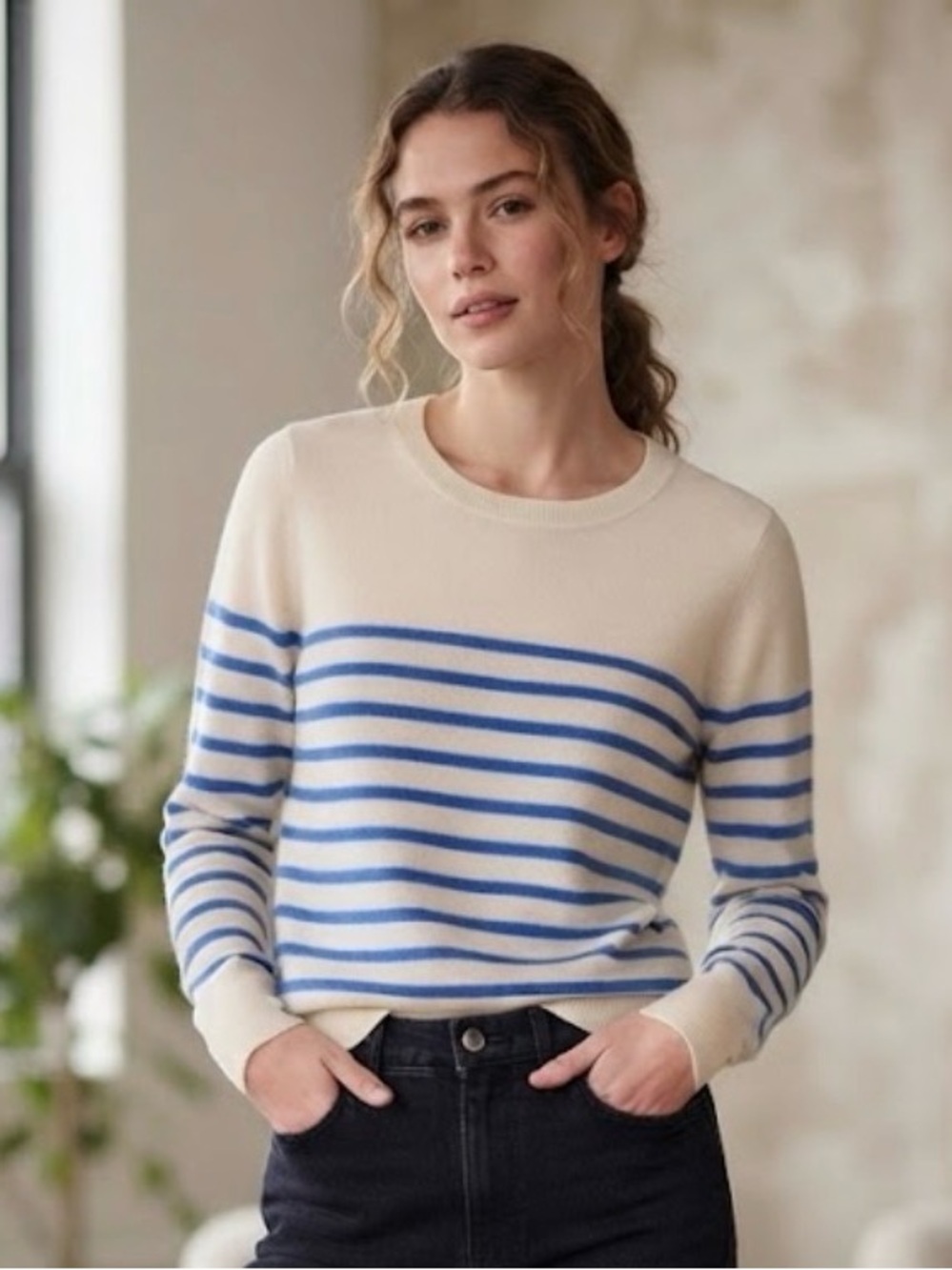 NWT Cynthia Rowley 100% 2-Ply Cashmere Blue & Cream Striped Sweater | Size M